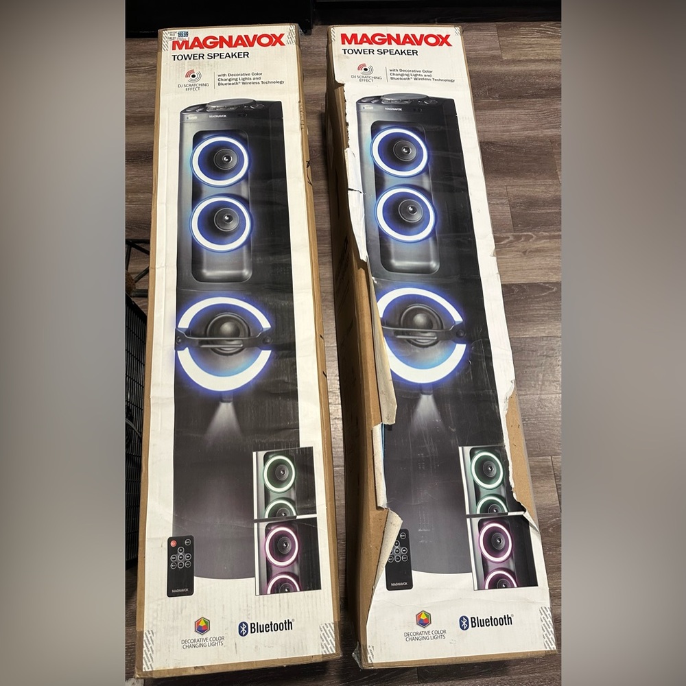 2 Magnavox Tower Speakers w/ Bluetooth